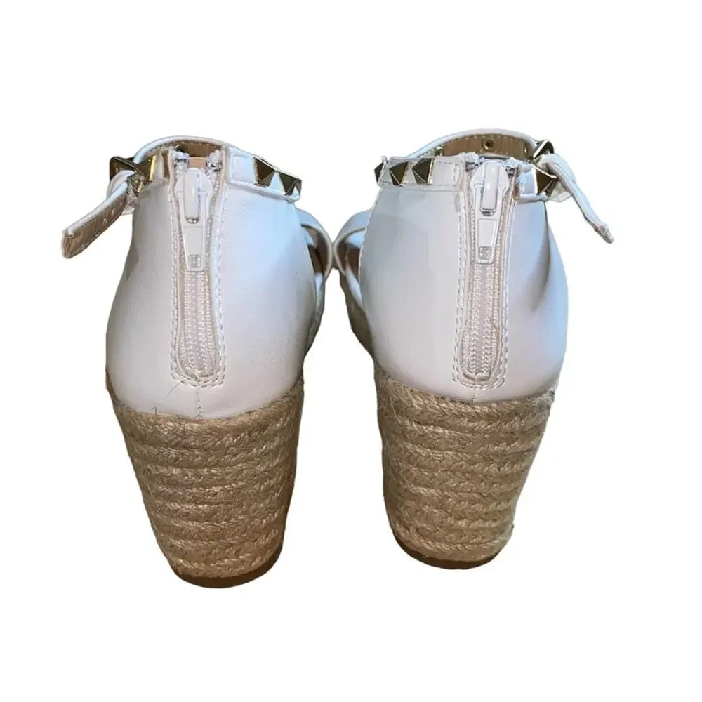 ESPRIT Romy Studded Espadrille Wedge Sandals Size 9.5 Ivory/Nude Ankle Strap